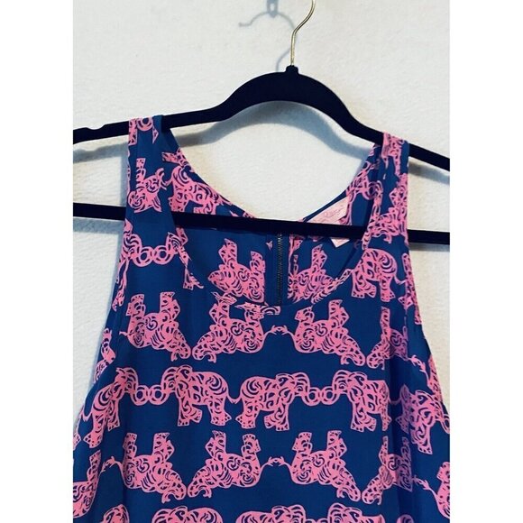 Lilly Pulitzer Top Womens XS Blue Pink Silk Elephant Print Tank Back Zipper Boho - Picture 4 of 10